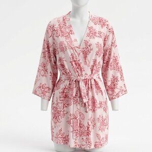 Plum Pretty Sugar Robe Womens Small Pink Floral Cotton Belted Lightweight Short